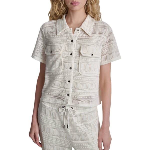 Womens DKNY Short Sleeve Pearl Knit Button Front Sweater