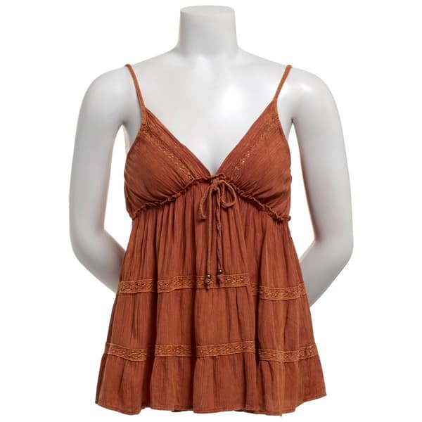 Juniors Angie Acid Wash Crochet Insert Babydoll Tank Top - image 