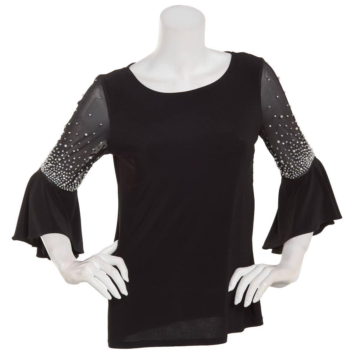 Plus Size MSK Beaded Bell Sleeve Mesh Inset Blouse