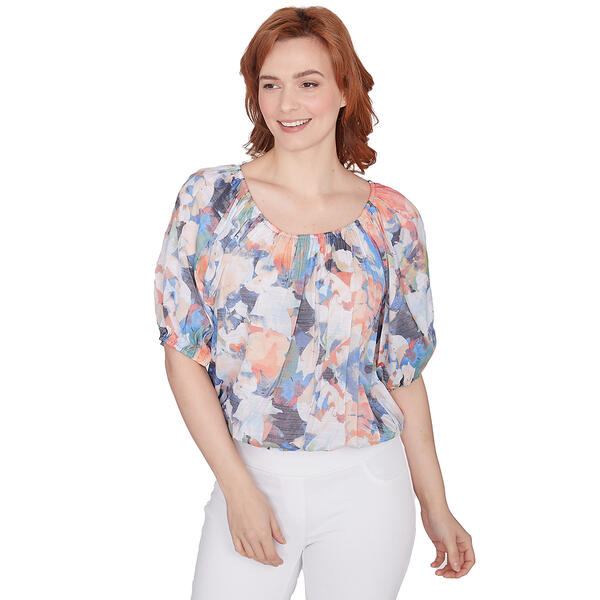 Petites Skye''s The Limit Coral Floral Gables Elbow Sleeve Top - image 