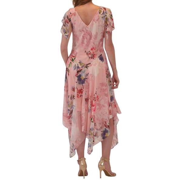 Womens Robbie Bee Short Sleeve Print Chiffon Drape Neck Dress