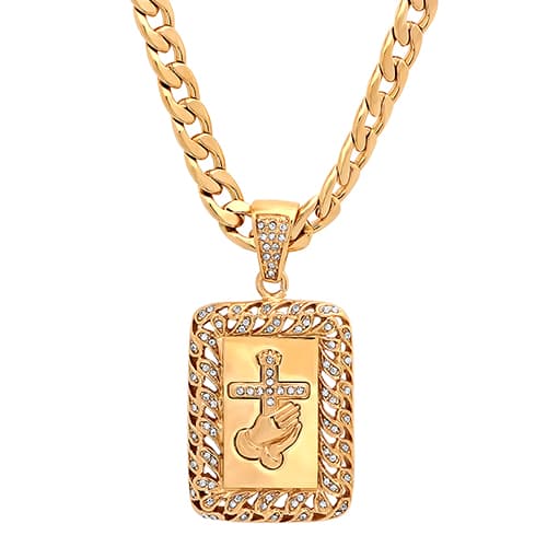 Mens Steeltime Gold Plated Prayer Hands & Cross Necklace - image 