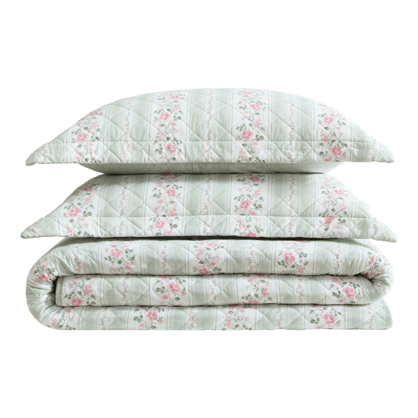 Laura Ashley Rosebud Stripe Reversible Reversible Qulit Set