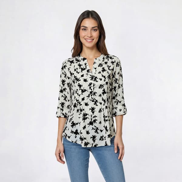Petite Cocomo 3/4 Velvet Flocked Floral Henley Blouse - image 