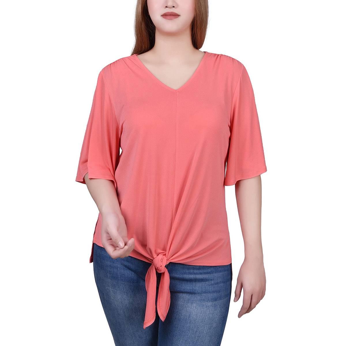 Petite NY Collection Elbow Sleeve Solid Tie Front Blouse