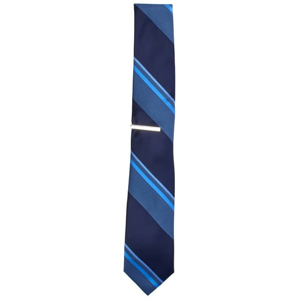 Mens Billy London Textured Satin Stripe Tie with Tie Bar - image 