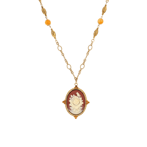 1928 14kt. Gold Dipped Oval Carnelian Rose Cameo Pendant - image 