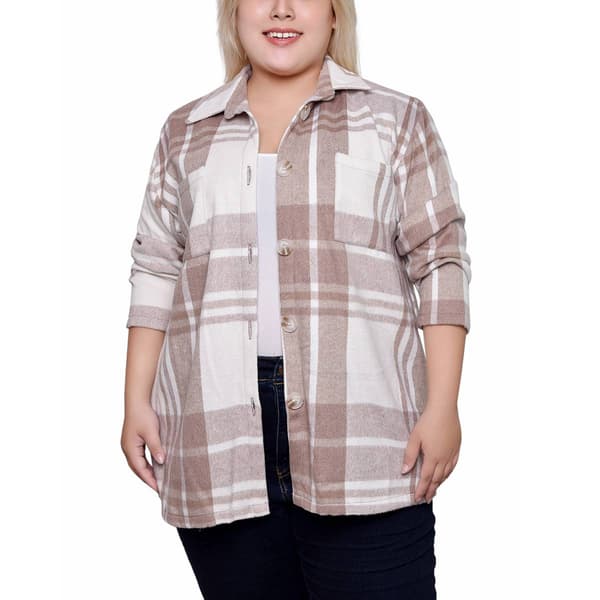 Plus Size NY Collection Brushed Twill Plaid Shacket- Tan/White - image 