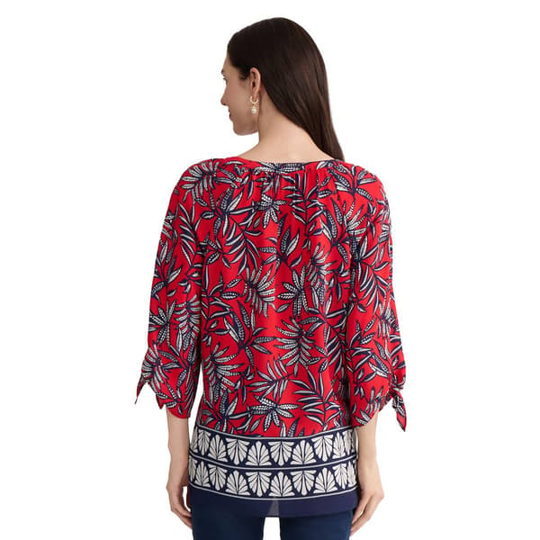 Womens Jones New York 3/4 Tie Sleeve Split Neck Leaf Blouse