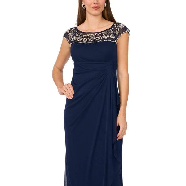 Womens MSK Cap Sleeve Beaded Trim Mesh Side Ruch Gown
