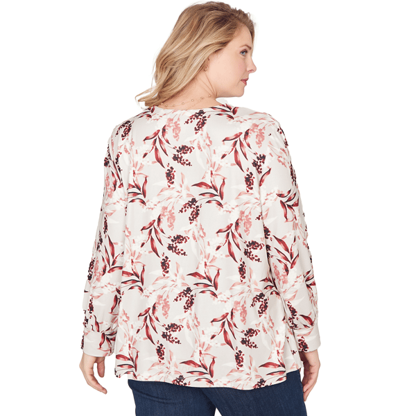 Plus Size Emaline Dusted Petals Long Sleeve V Neck Pintuck Blouse
