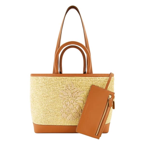 Tommy Bahama Leather Trim Raffia Tote with Pouch