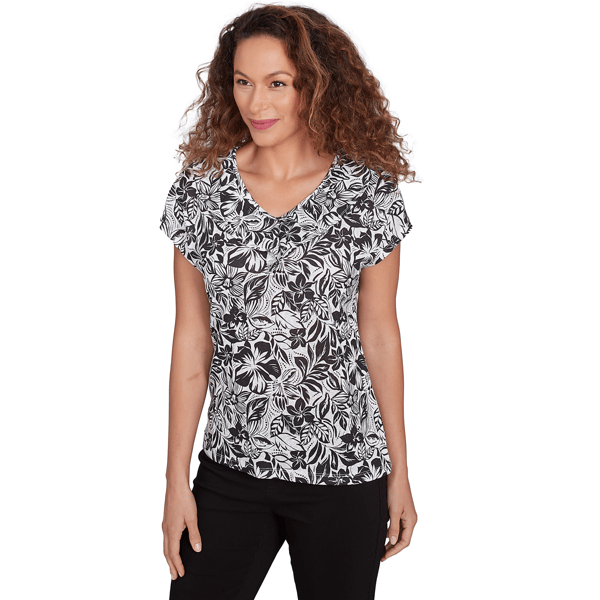 Womens Hearts of Palm In Black & White Ruffle Floral Blouse