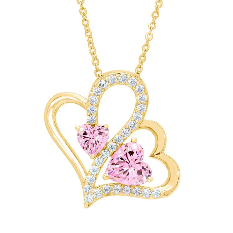 Gold Plated Pink Cubic Zirconia Double Heart Pendant