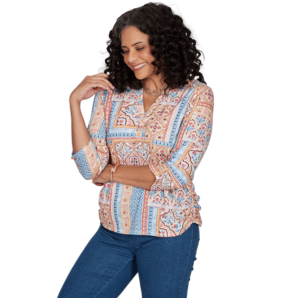 Womens Alfred Dunner Tuscany 3/4 Sleeve Patchwork Henley Blouse