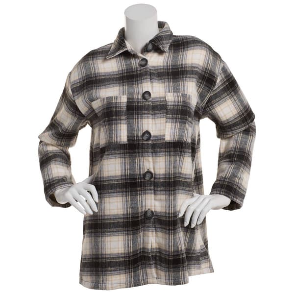 Womens NY Collection Brushed Twill Plaid Shacket w/Pockets-Black - image 