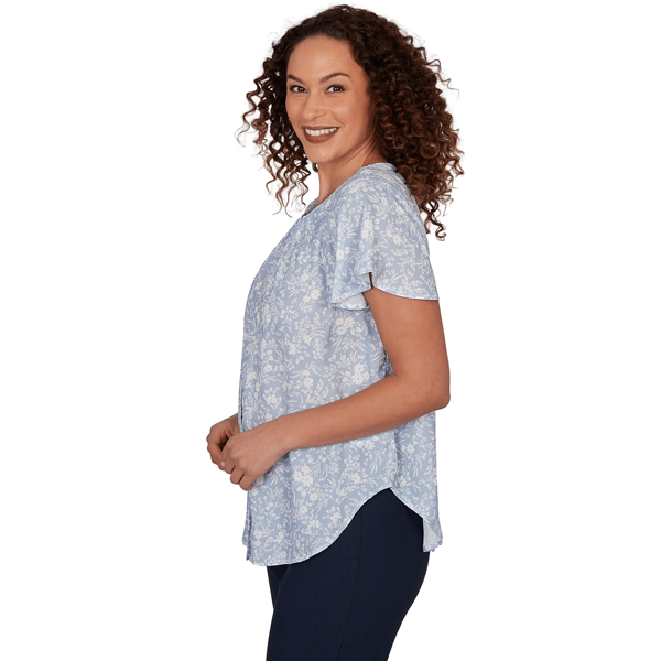 Petite Emaline Sapphire Serenade II Short Sleeve Floral Blouse