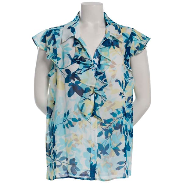 Womens Calvin Klein Ruffle Cap Sleeve Branch Leaf Blouse - image 