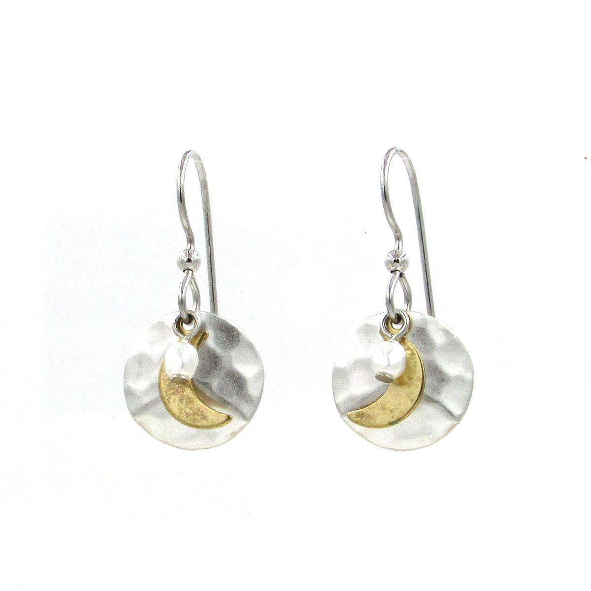 Silver Forest Hammered Disk with Crescent Moon and Bead Earrings