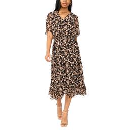 Womens MSK Flutter Sleeve Print Chiffon Smock Waist Midi