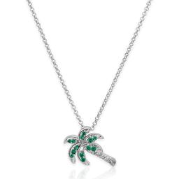 Silver Plated & Green CZ Palm Tree Pendant Necklace