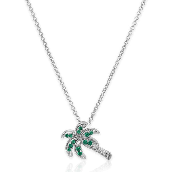 Silver Plated & Green CZ Palm Tree Pendant Necklace - image 