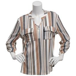 Plus Size Cure 3/4 Sleeve Stripe Split Neck Blouse