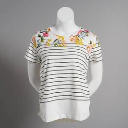 Petite Shenanigans Short Sleeve Placed Floral Stripe Crew Tee