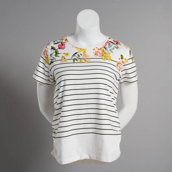 Petite Shenanigans Short Sleeve Placed Floral Stripe Crew Tee - image 