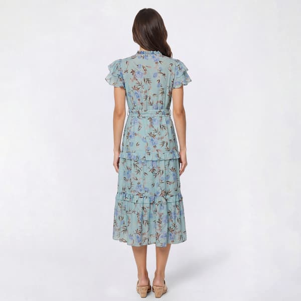 Womens Cure Flutter Sleeve Floral Tie Waist Tier Midi Dress