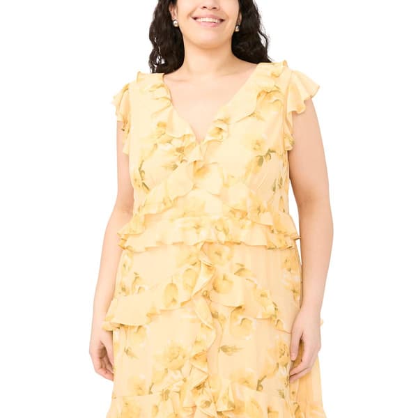 Plus Size MSK Floral Chiffon Cascade Ruffle Hi Low Dress