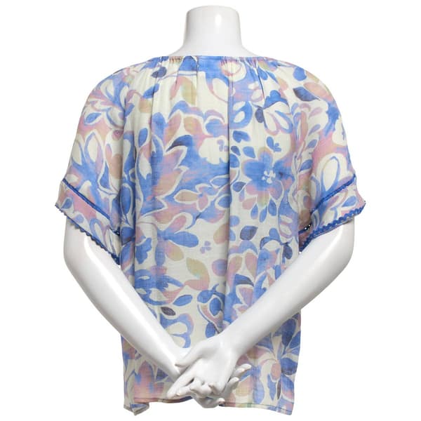 Womens Zac & Rachel Double Scallop Trim Sleeve Floral Blouse