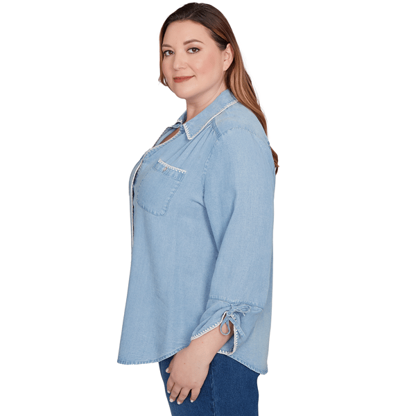Plus Size Alfred Dunner Hilton Head Roll Tab Denim Blouse
