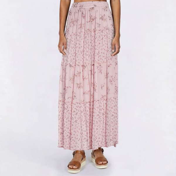 Juniors Pink Rose Gauze Print Tier Elastic Waist Skirt - image 