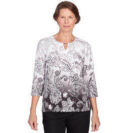 Petite Alfred Dunner 3/4 Sleeve Print Ombre Scroll Floral Tee
