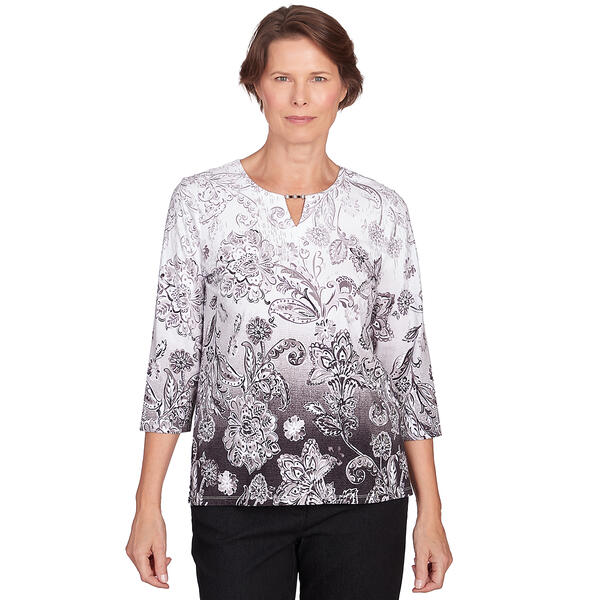 Womens Alfred Dunner 3/4 Sleeve Print Ombre Scroll Floral Tee - image 
