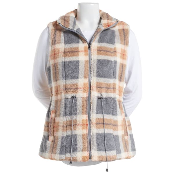 Womens Architect&#40;R&#41; Zip Up Mock Neck Plaid Teddy Vest - Neutral - image 
