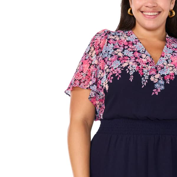 Plus Size MSK Floral Flutter Sleeve V Neck Smock Waist Midi Dress