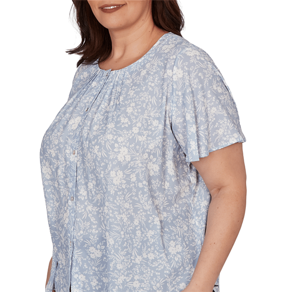 Plus Size Emaline Sapphire Serenade II Short Sleeve Floral Blouse