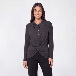 Womens Tru Self Long Sleeve Rib Knit Twist Hem Blouse - Charcoal