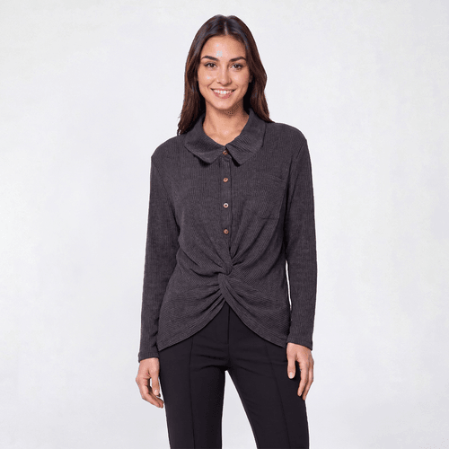 Womens Tru Self Long Sleeve Rib Knit Twist Hem Blouse - Charcoal