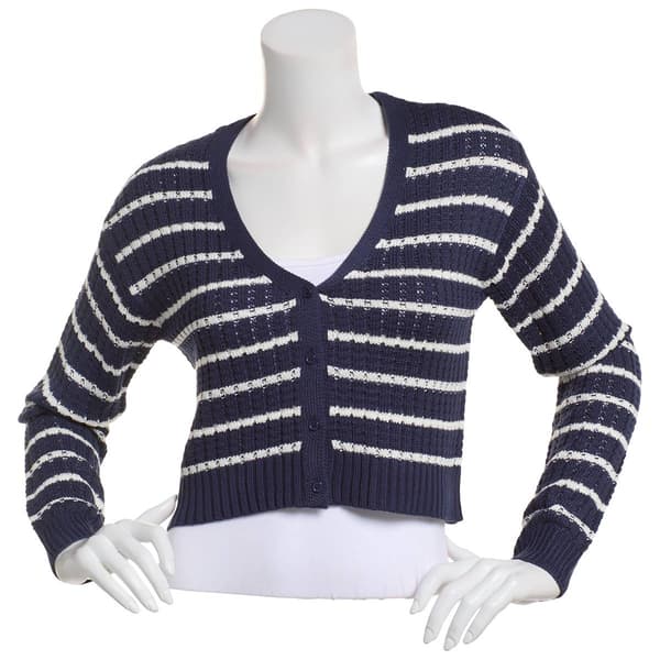 Juniors No Comment Stripe Rib Cropped Button Front Cardigan