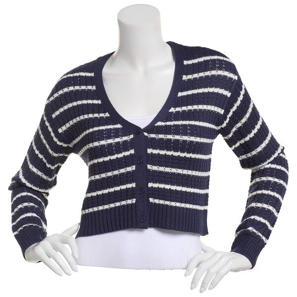 Juniors No Comment Stripe Rib Cropped Button Front Cardigan - image 