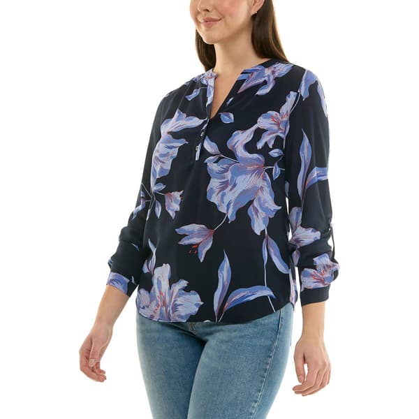 Womens Zac & Rachel Long Roll Tab Sleeve Floral Blouse