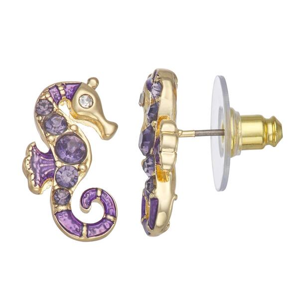Napier Gold-Tone & Purple Seahorse Stud Pierced Post Earrings - image 