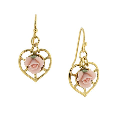 1928 Pink Rose Heart 14kt. Gold Dangle Earrings - image 