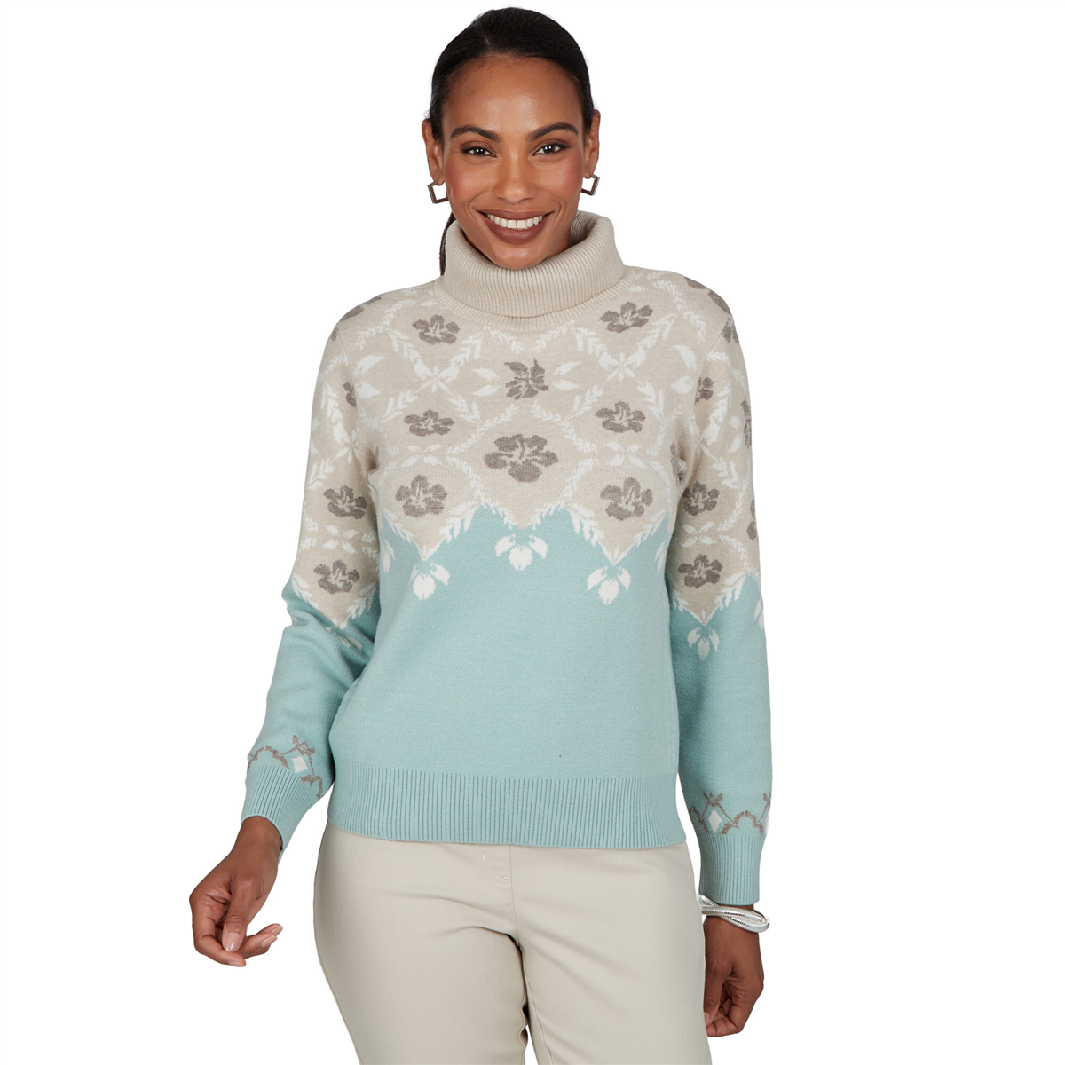 Womens Ruby Rd. Mythical Floral Fair Isle Turtleneck Sweater