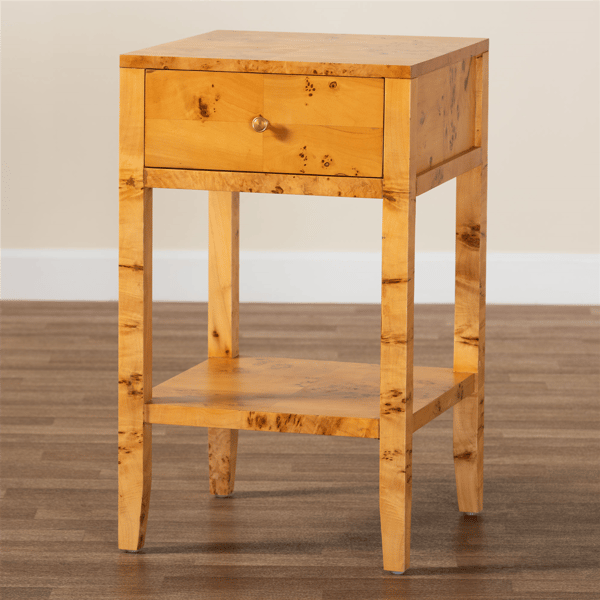 bali & pari Ghina Modern Real Burl Wood 1-Drawer Nightstand