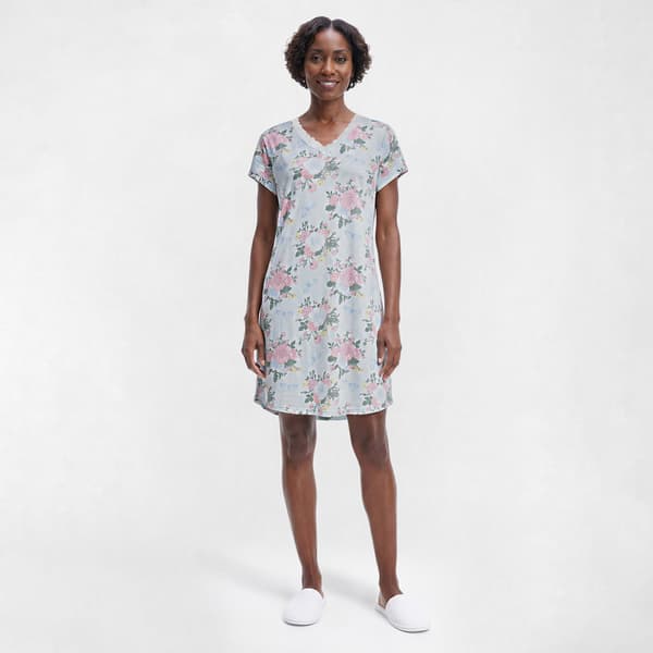 Womens Charmour Short Sleeve Floral Lace Trim Nightshirt - image 