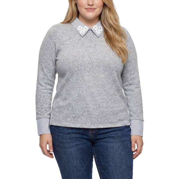 Plus Size NY Collection Long Sleeve Striped Hacci 2Fer W/Flower - image 
